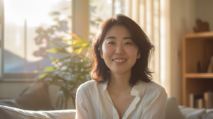自然光の差し込む清潔な空間で微笑む女性。生活に寄り添う大人のマウスピース矯正への安心感。