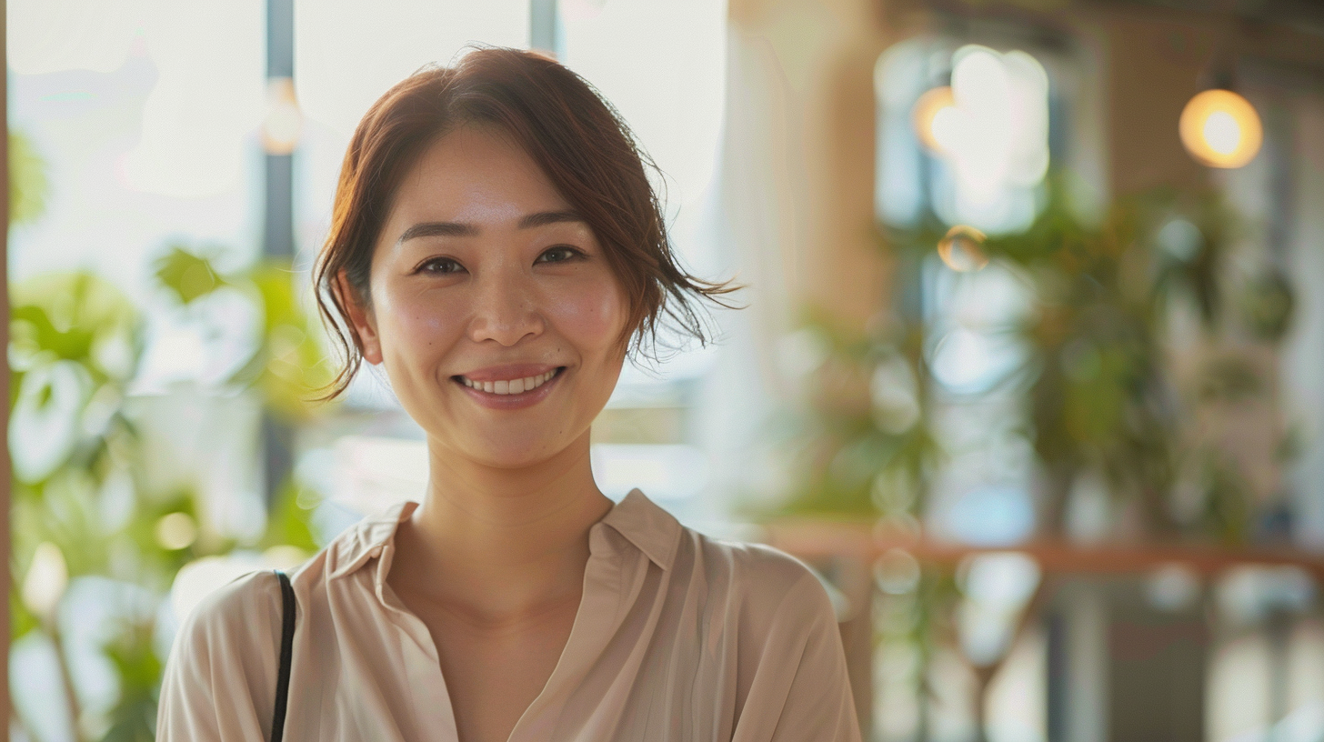 自然光が差し込む部屋でリラックスした笑顔を見せる30代女性。大人のマウスピース矯正の安心感を表現