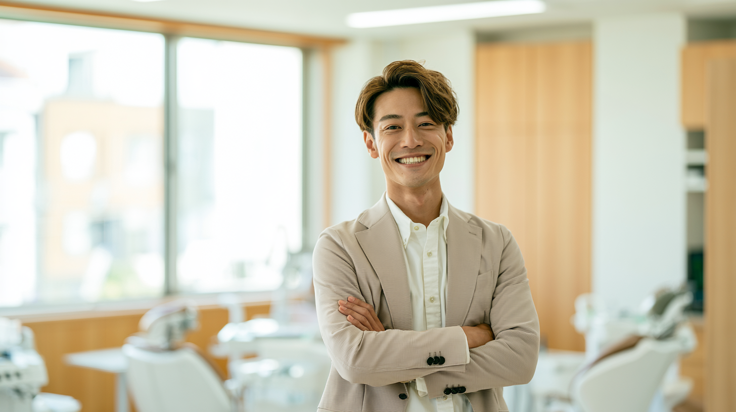 Smiling man in a light blazer, arms crossed, standing in a bright office or clinic lobby.”