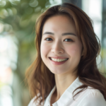 Portrait of a smiling woman with long brown hair in a white blouse, indoors near large windows with soft greenery outside.