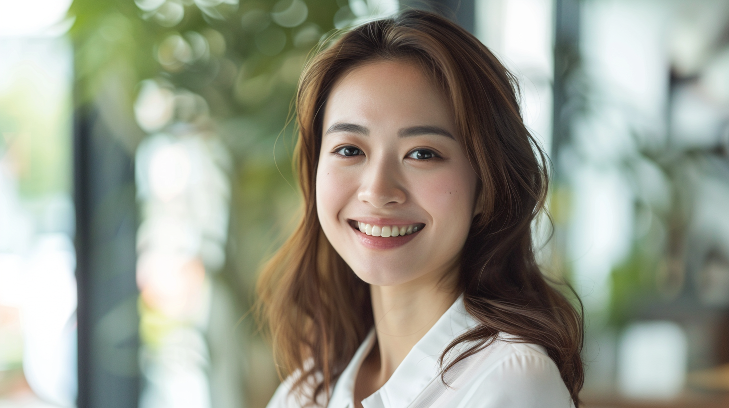 Portrait of a smiling woman with long brown hair in a white blouse, indoors near large windows with soft greenery outside.