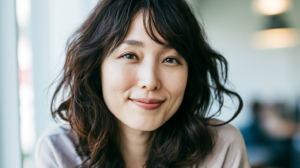 自然光が入る明るい部屋で、大人の矯正の相談を終えて安心した表情で優しく微笑む日本人女性の姿。