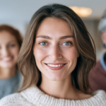Smiling woman in the foreground with two friends blurred in the background, indoors.