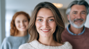 Smiling woman in the foreground with two friends blurred in the background, indoors.