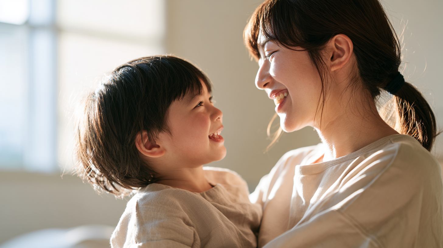 Mother holds smiling toddler in a sunlit room, facing each other with joy in warm light.