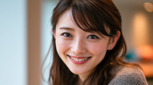 自然光が入る明るい室内で、マウスピース矯正の不安が解消され、優しく微笑む日本人女性の表情