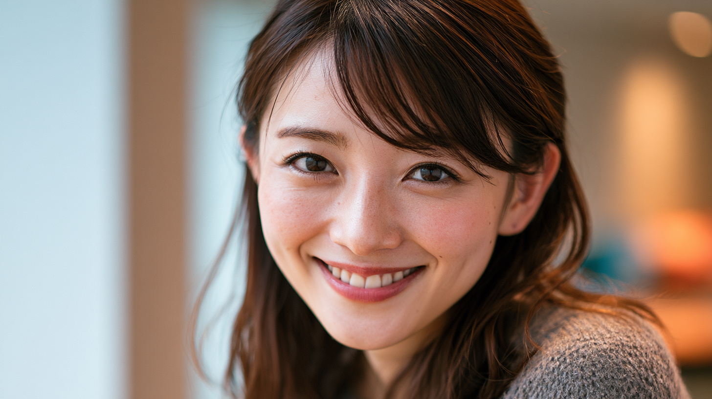 自然光が入る明るい室内で、マウスピース矯正の不安が解消され、優しく微笑む日本人女性の表情
