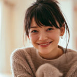 自然光が入る明るい部屋で、口元に自信を持って優しく微笑む大人の女性のライフスタイル写真