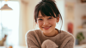 自然光が入る明るい部屋で、口元に自信を持って優しく微笑む大人の女性のライフスタイル写真