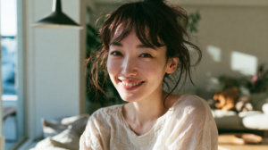 自然光が差し込む部屋で穏やかに微笑む女性。札幌・北広島での日常に寄り添う大人のマウスピース矯正。