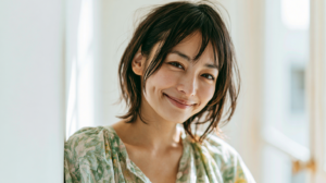 自然光の入る部屋でリラックスして微笑む女性。札幌・北広島での大人の矯正の安心感をイメージ。