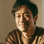 Close-up portrait of a smiling Asian man with dark hair in a brown knit sweater, bathed in warm indoor sunlight.