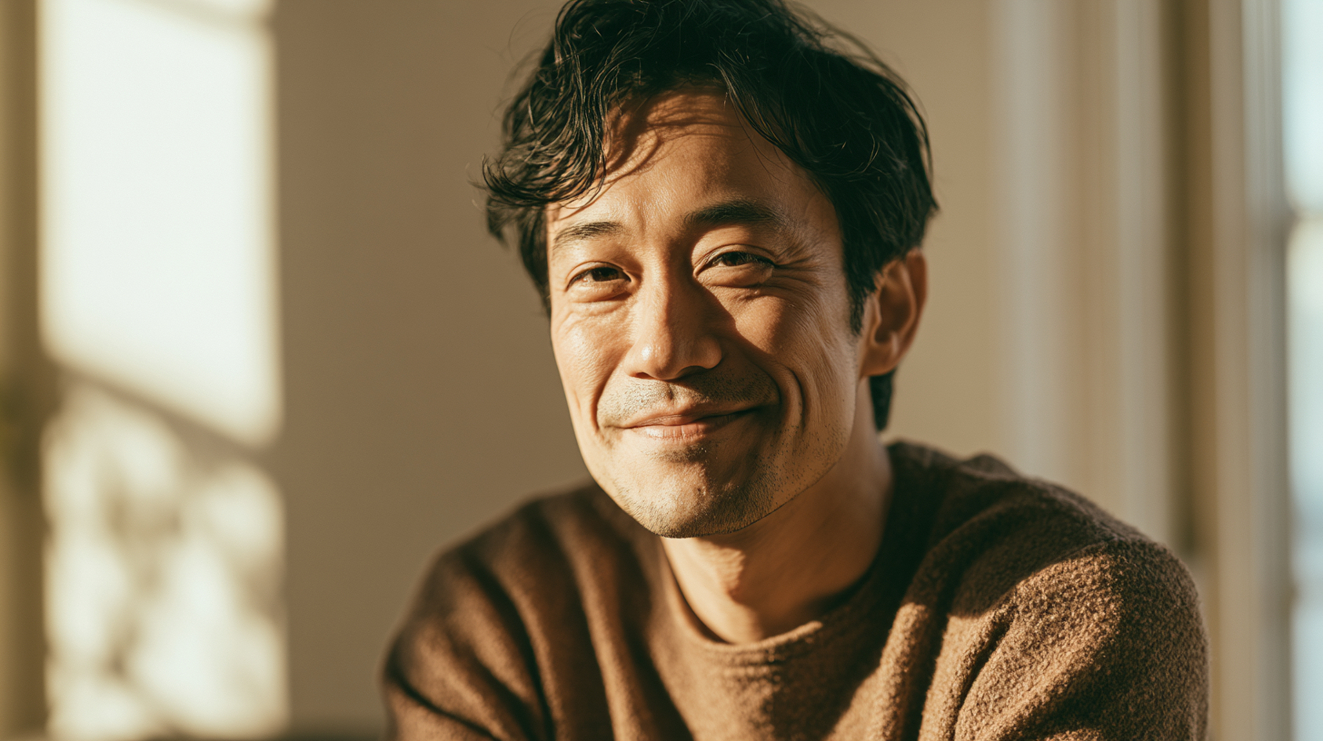 Close-up portrait of a smiling Asian man with dark hair in a brown knit sweater, bathed in warm indoor sunlight.