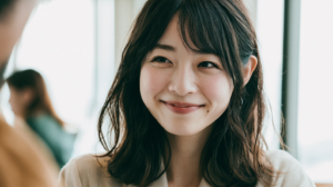 札幌・北広島での大人のマウスピース矯正相談で、ライフスタイルに合わせた提案を笑顔で聞く女性の様子