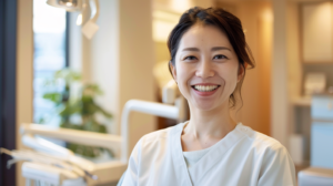 リラックスした表情で微笑む女性の姿。札幌・北広島での大人のマウスピース矯正の安心感を表現。