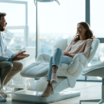 Doctor in a white coat talks with a smiling patient reclining in a modern dental chair in a bright clinic with large windows.