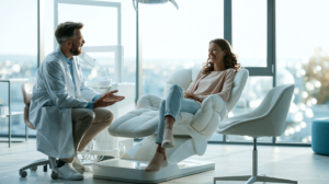 Doctor in a white coat talks with a smiling patient reclining in a modern dental chair in a bright clinic with large windows.