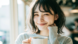 リラックスしてコーヒーを楽しむ女性。札幌・北広島での大人のマウスピース矯正をサポートします。