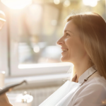 Smiling woman sits in a dental chair during a sunny checkup in a bright clinic, bib in place and dental light nearby.