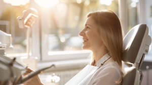 Smiling woman sits in a dental chair during a sunny checkup in a bright clinic, bib in place and dental light nearby.