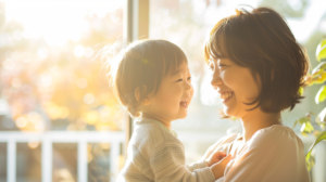 Mother holding a toddler, both smiling warmly at each other by a sunlit window.