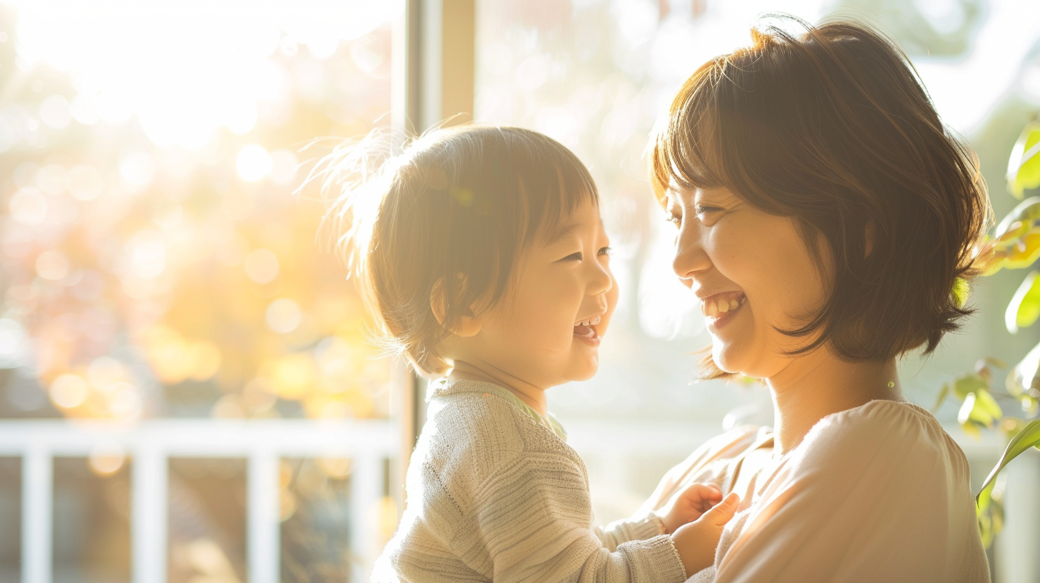 Mother holding a toddler, both smiling warmly at each other by a sunlit window.