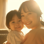 Smiling mother holding her young daughter in warm sunlight indoors, both looking at the camera.