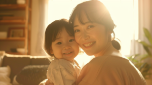 Smiling mother holding her young daughter in warm sunlight indoors, both looking at the camera.