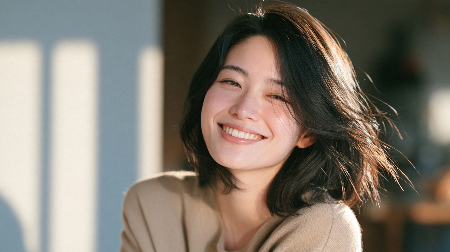 自然光が差し込む落ち着いた空間で、口元を気にせず穏やかに微笑む女性の様子