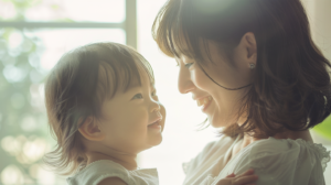 自然光が差し込むリビングで穏やかに微笑み合う親子の姿。小児矯正の不安を解消するイメージ。