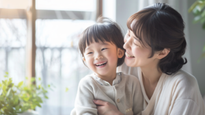 自然光が差し込む明るい部屋で微笑む親子と新札幌の小児矯正相談のイメージ