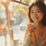 自然光が入る明るい窓辺で、口元を気にせず穏やかに微笑む女性の姿