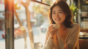 自然光が入る明るい窓辺で、口元を気にせず穏やかに微笑む女性の姿