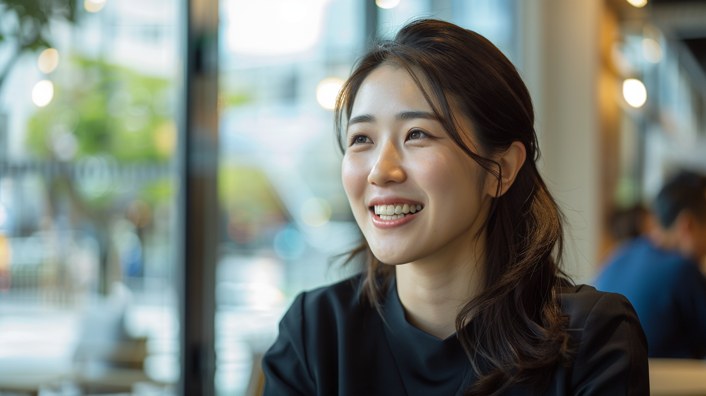 自然光が差す明るい室内で、口元を気にせず穏やかに会話を楽しむ女性の姿