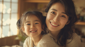 自然光が差し込む部屋で安心した表情を浮かべる母子と新札幌の小児矯正相談イメージ
