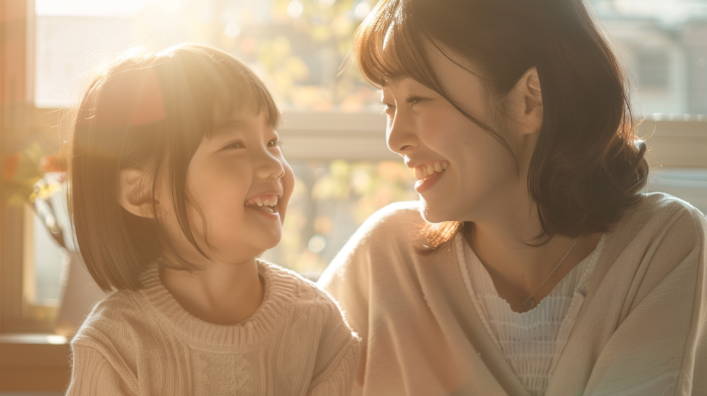 自然光が差し込む明るい空間で穏やかに微笑み合う親子と小児矯正の相談イメージ