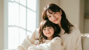 明るい自然光のなかで笑顔を見せる親子と小児矯正・生活習慣の相談イメージ