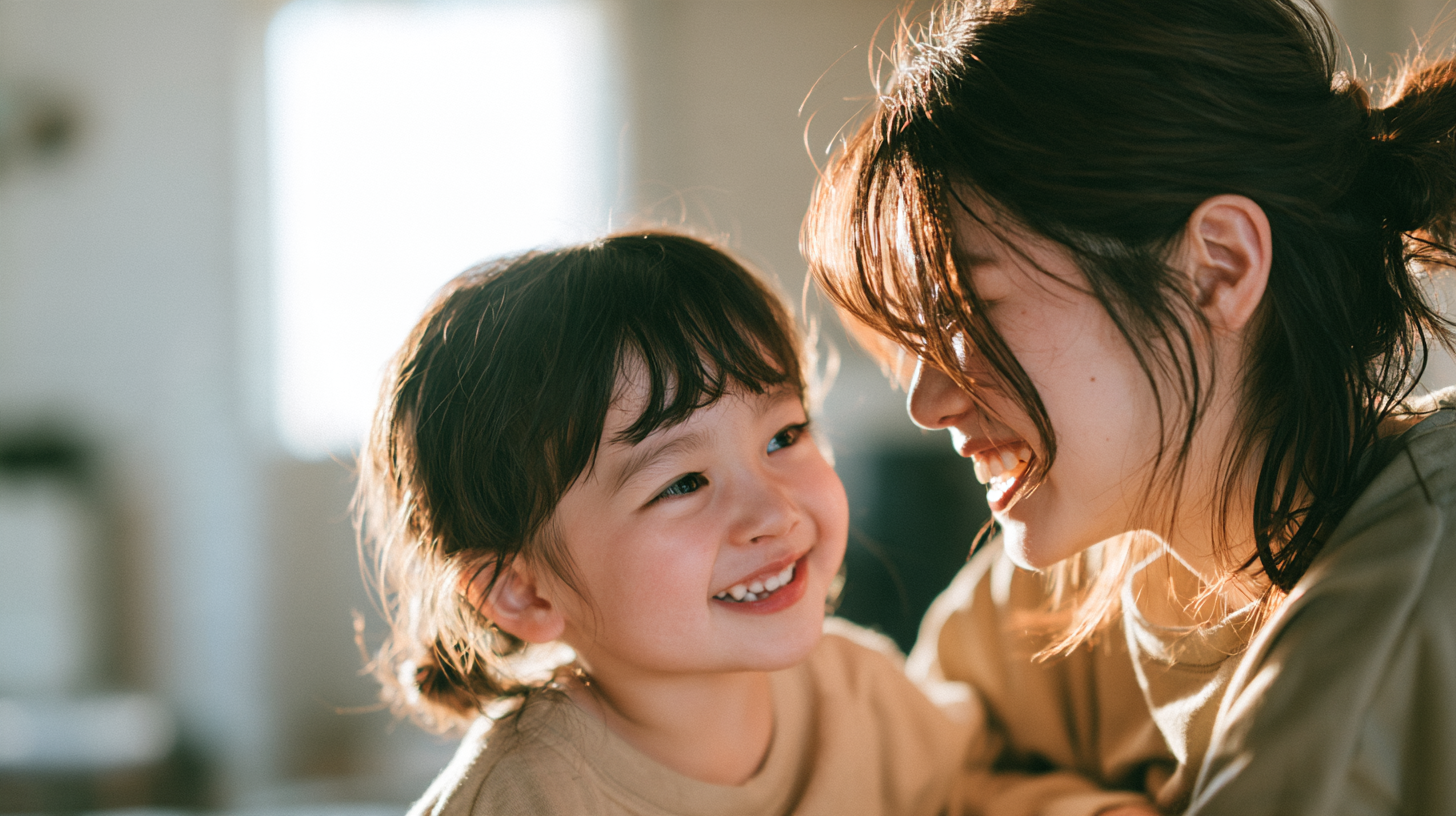 自然光が入る明るい歯科医院で穏やかに小児矯正の相談をする親子と歯科医師