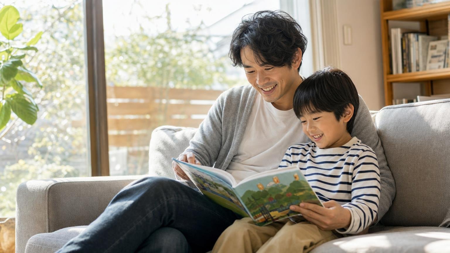 明るい部屋で一緒に絵本を読む父親と子ども