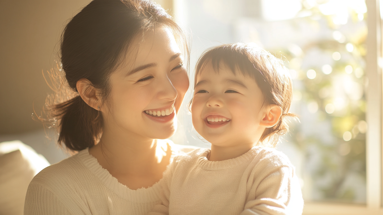 自然光が差し込む部屋で安心した表情を見せる親子と小児矯正の相談イメージ