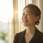自然光が入る室内で穏やかな笑顔を見せる人物と、マウスピースによる再矯正のイメージ