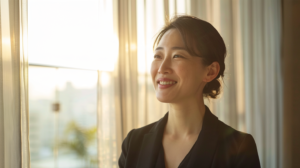 自然光が入る室内で穏やかな笑顔を見せる人物と、マウスピースによる再矯正のイメージ