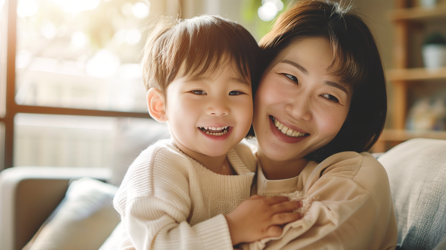 自然光が差し込む室内で穏やかに微笑み合う親子の姿と小児矯正の相談イメージ