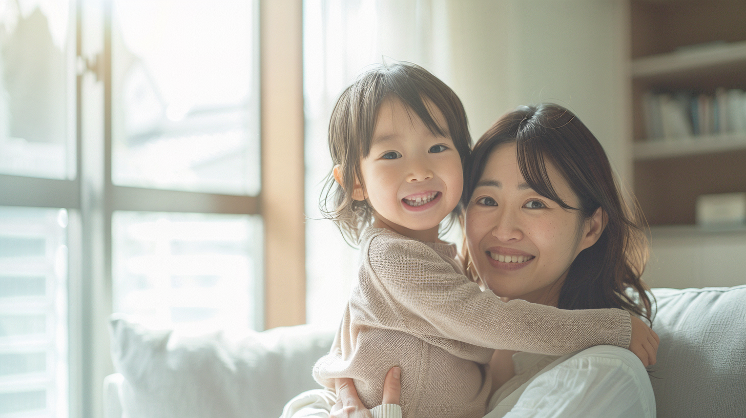 自然光が差し込む明るい部屋で穏やかに微笑み合う親子の姿と、小児矯正の判断整理を促すイメージ